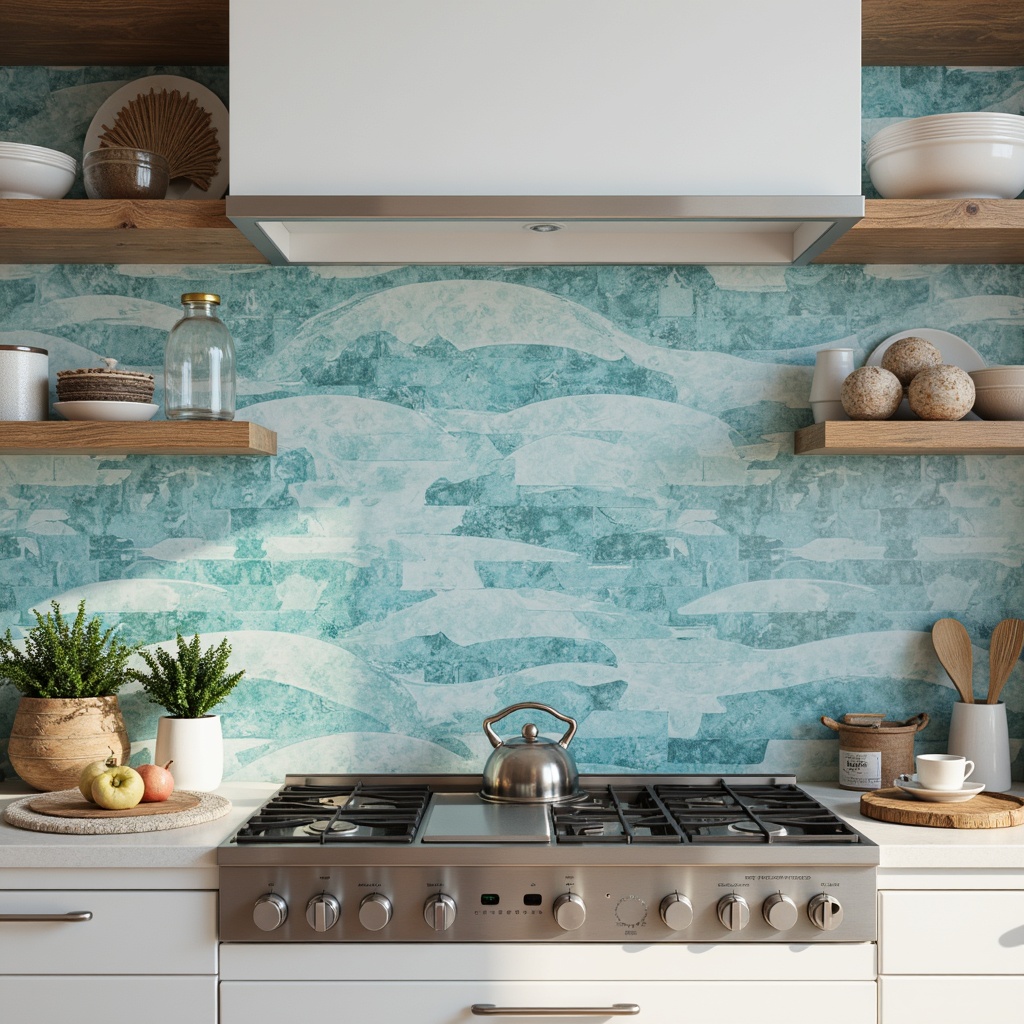 Prompt: Coastal kitchen backsplash, ocean-inspired waves, sea glass tiles, shell-shaped decorations, driftwood accents, beachy vibes, soft blue hues, creamy whites, natural stone textures, glass mosaic patterns, iridescent sheens, subtle shimmer effects, 1/1 composition, realistic renderings, ambient lighting, morning sunlight, gentle wave movements.