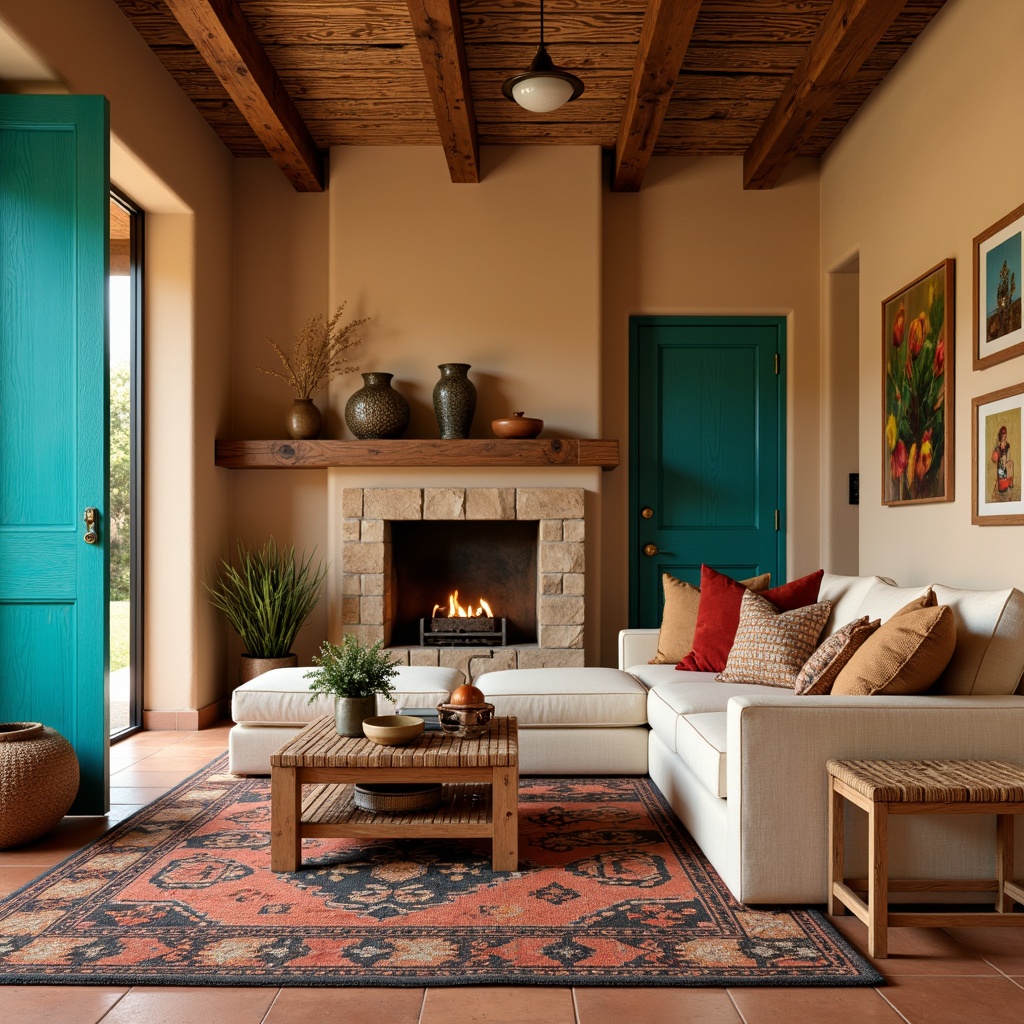 Prompt: Vibrant turquoise accents, warm beige walls, plush sandy-colored sectional sofa, woven wicker coffee table, rustic wooden console table, colorful Aztec-inspired throw pillows, geometric patterned Navajo-style rug, earthy clay vases, desert botanical prints, natural stone fireplace, soft warm lighting, 1/1 composition, cozy intimate atmosphere, authentic Southwestern decor.