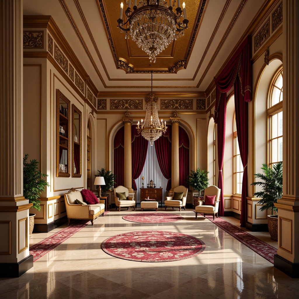 Prompt: Luxurious interior, ornate gold accents, rich velvet fabrics, intricate carvings, grandiose chandeliers, lavish drapery, opulent marble floors, warm beige walls, vibrant crimson hues, regal purple tones, soft cream textures, dramatic shadows, warm golden lighting, 3/4 composition, detailed ornamentation, realistic reflections, ambient occlusion.