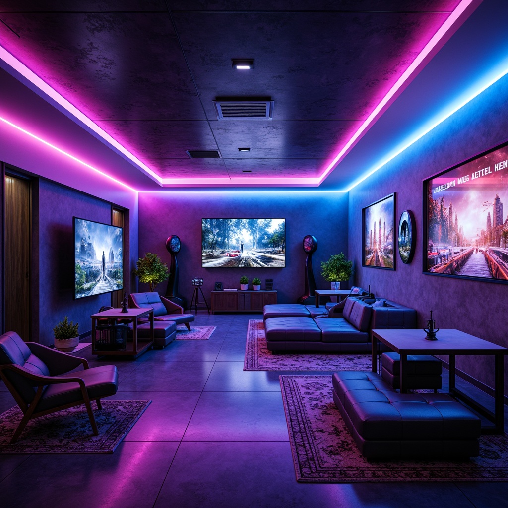 Prompt: Modern game room, neon-lit atmosphere, sleek lines, minimalist design, high-gloss flooring, luxurious fabrics, vibrant color schemes, ambient lighting, surround sound systems, futuristic gaming consoles, ergonomic seating, interactive virtual reality experiences, metallic accents, LED strips, dynamic textures, reflective surfaces, premium materials, advanced acoustics, immersive gameplay environments, cinematic visual effects.