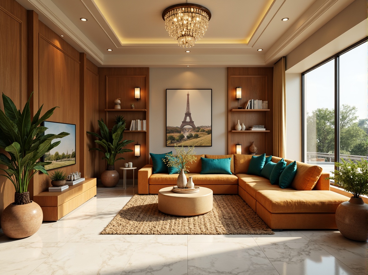 Prompt: Cozy living room, warm beige walls, plush velvet sofas, rich wood accents, soft golden lighting, creamy white marble floors, elegant crystal chandeliers, vibrant turquoise throw pillows, natural fiber rugs, earthy terracotta vases, lush greenery, sunny afternoon, shallow depth of field, 3/4 composition, realistic textures, ambient occlusion.