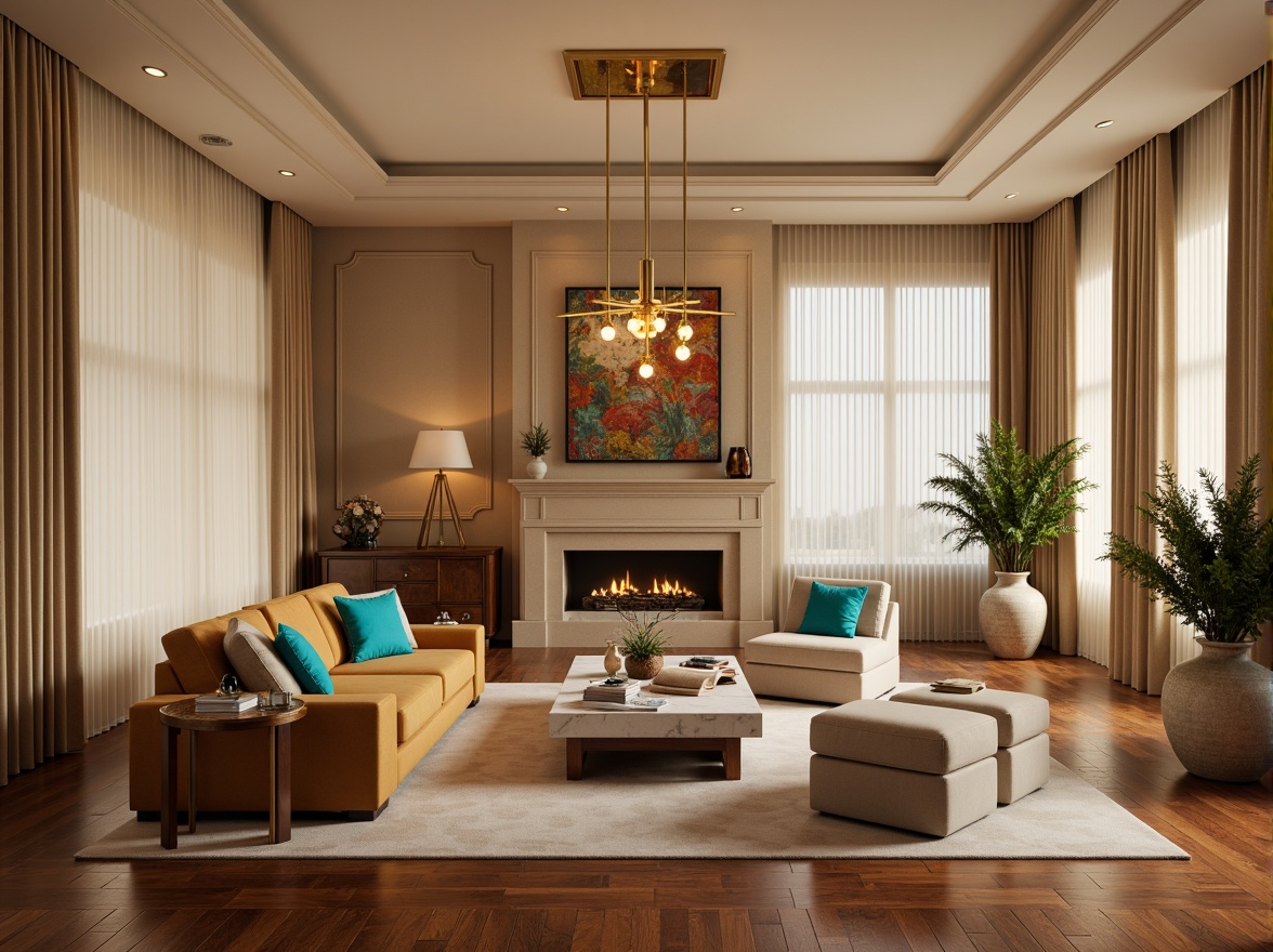 Prompt: Luxurious living room, warm beige walls, rich walnut flooring, plush velvet sofas, golden lighting fixtures, soft cream-colored curtains, elegant marble coffee tables, vibrant turquoise accent pillows, natural stone fireplaces, earthy terracotta vases, warm ambient glow, 1/1 composition, shallow depth of field, realistic textures, subtle color gradations.