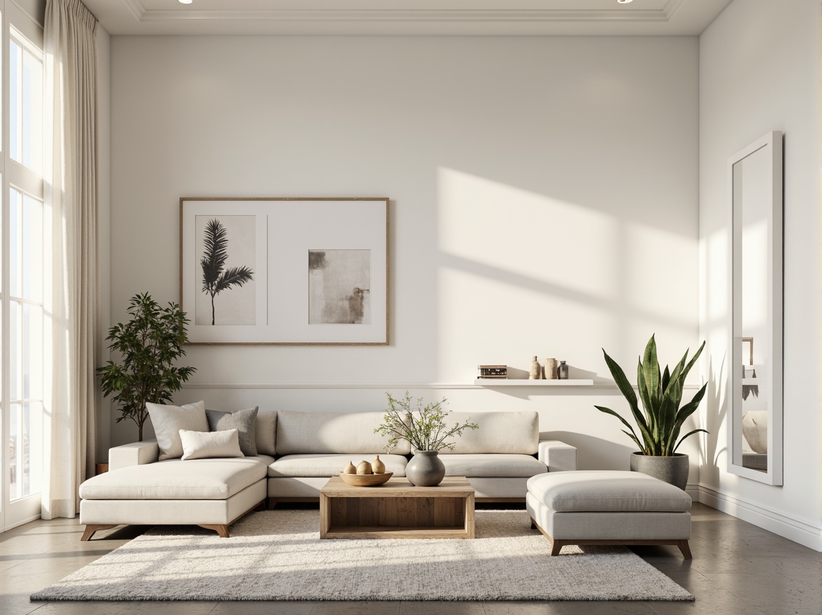 Prompt: Monochromatic living room, sleek low-profile furniture, creamy white walls, polished concrete floor, minimalist decor, sparse greenery, natural textiles, soft warm lighting, shallow depth of field, 1/1 composition, subtle shadowing, realistic reflections, ambient occlusion, Scandinavian-inspired design, clean lines, geometric shapes, metallic accents, reclaimed wood elements.