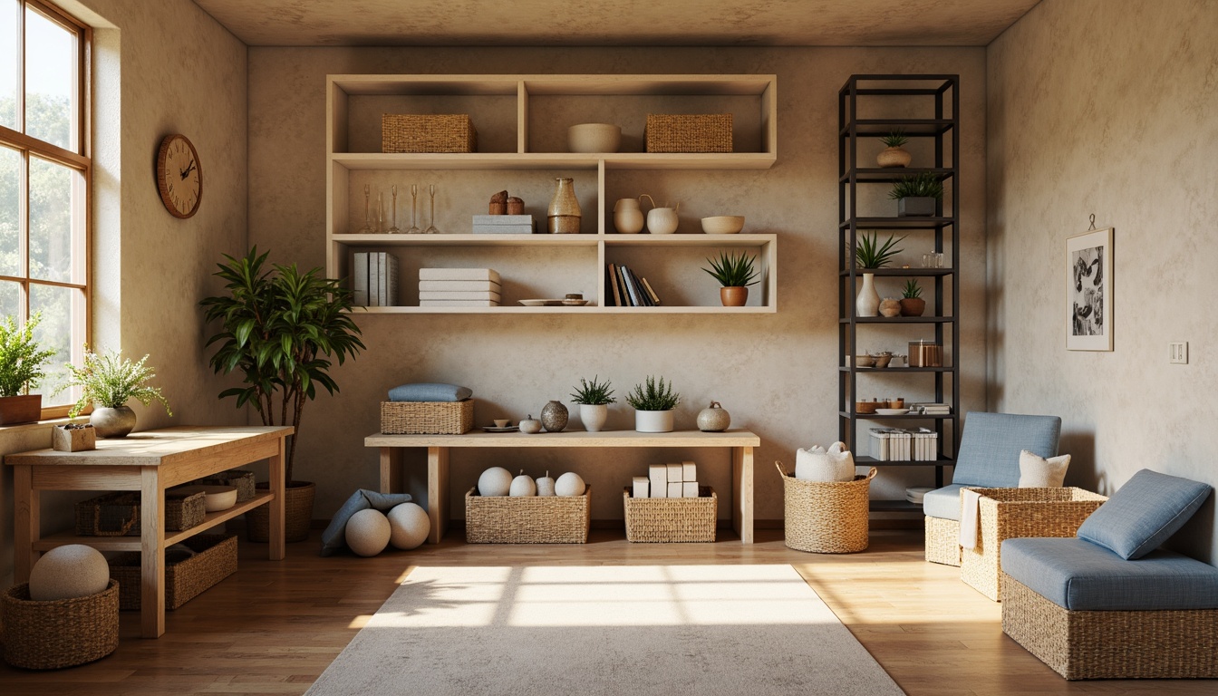 Prompt: Cozy storage room, warm beige walls, soft creamy shelves, rustic wooden crates, industrial metal racks, muted earthy tones, calming blue accents, natural linen textiles, subtle texture contrasts, warm overhead lighting, atmospheric shadows, 1/1 composition, realistic render, ambient occlusion.