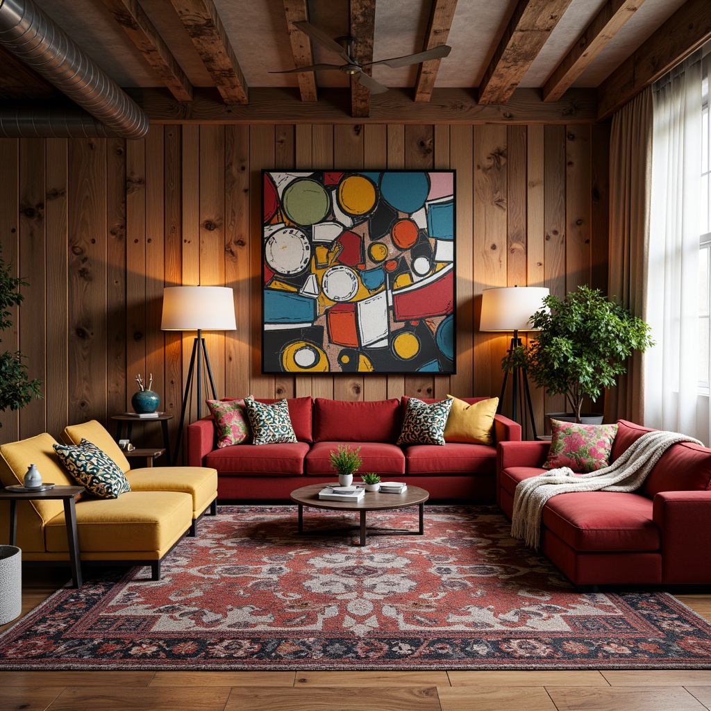 Prompt: Vibrant family room, eclectic textiles, bold color blocking, abstract expressionist artwork, plush velvet sofas, chunky woven rugs, reclaimed wood accent walls, industrial metal lighting fixtures, oversized floor lamps, abstract geometric patterns, playful polka dots, whimsical florals, soft warm glow, cozy ambient lighting, shallow depth of field, 1/2 composition, cinematic view, realistic fabric textures, subtle atmospheric effects.