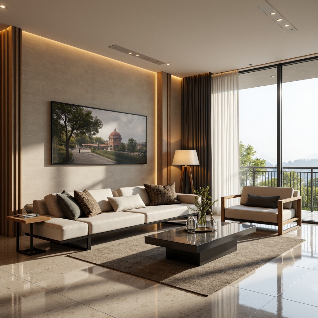 Prompt: Luxurious living room, polished marble floors, sleek low-profile sofas, matte black metal frames, minimalist wooden coffee tables, frosted glass side tables, soft velvety upholstery, warm beige walls, floor-to-ceiling windows, natural light pouring in, subtle textures, metallic accents, modern LED lighting, ambient glow, 1/1 composition, realistic reflections, shallow depth of field.