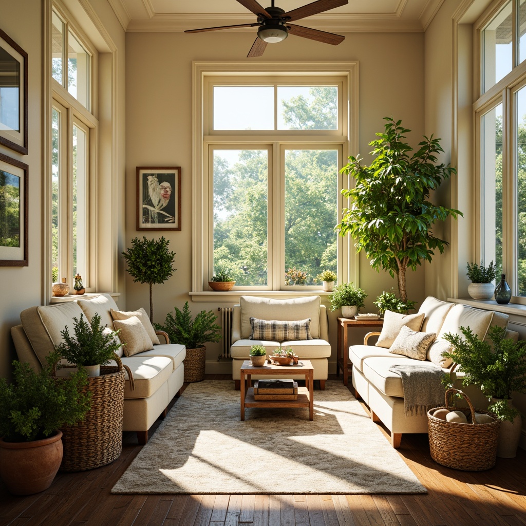 Prompt: Vibrant sunroom, bright natural light, warm beige walls, creamy white furniture, soft greenery, lush plants, wooden accents, earthy terracotta pots, calming blue hues, sunny yellow undertones, gentle cream shades, rustic metal decor, distressed wood textures, cozy throw blankets, plush area rugs, ambient warm lighting, shallow depth of field, 1/2 composition, intimate atmosphere.