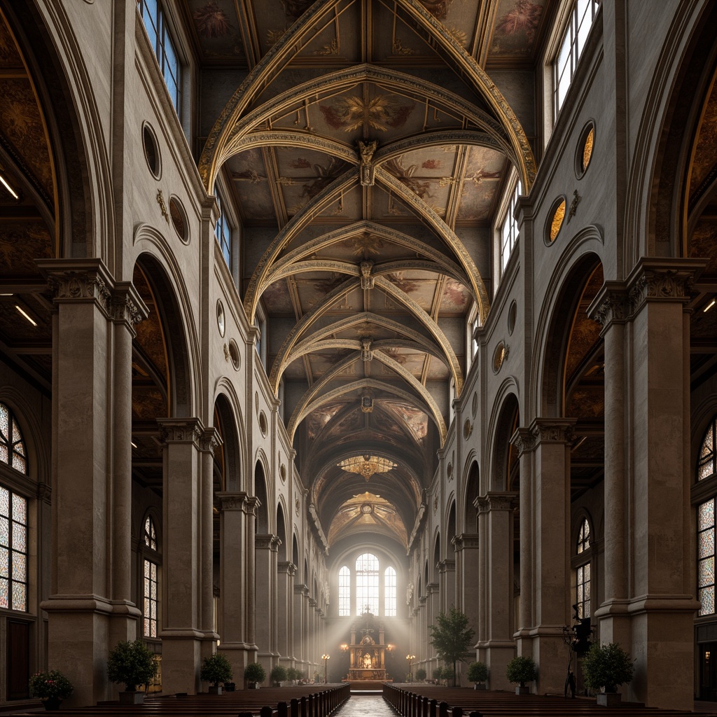 Prompt: Grandiose cathedral interior, vaulted ceiling with ribbed arches, ornate frescoes, golden accents, stained glass windows, intricate stone carvings, Baroque-inspired ornaments, dim warm lighting, soft shadows, atmospheric mist, vertical composition, low-angle shot, realistic textures, ambient occlusion.