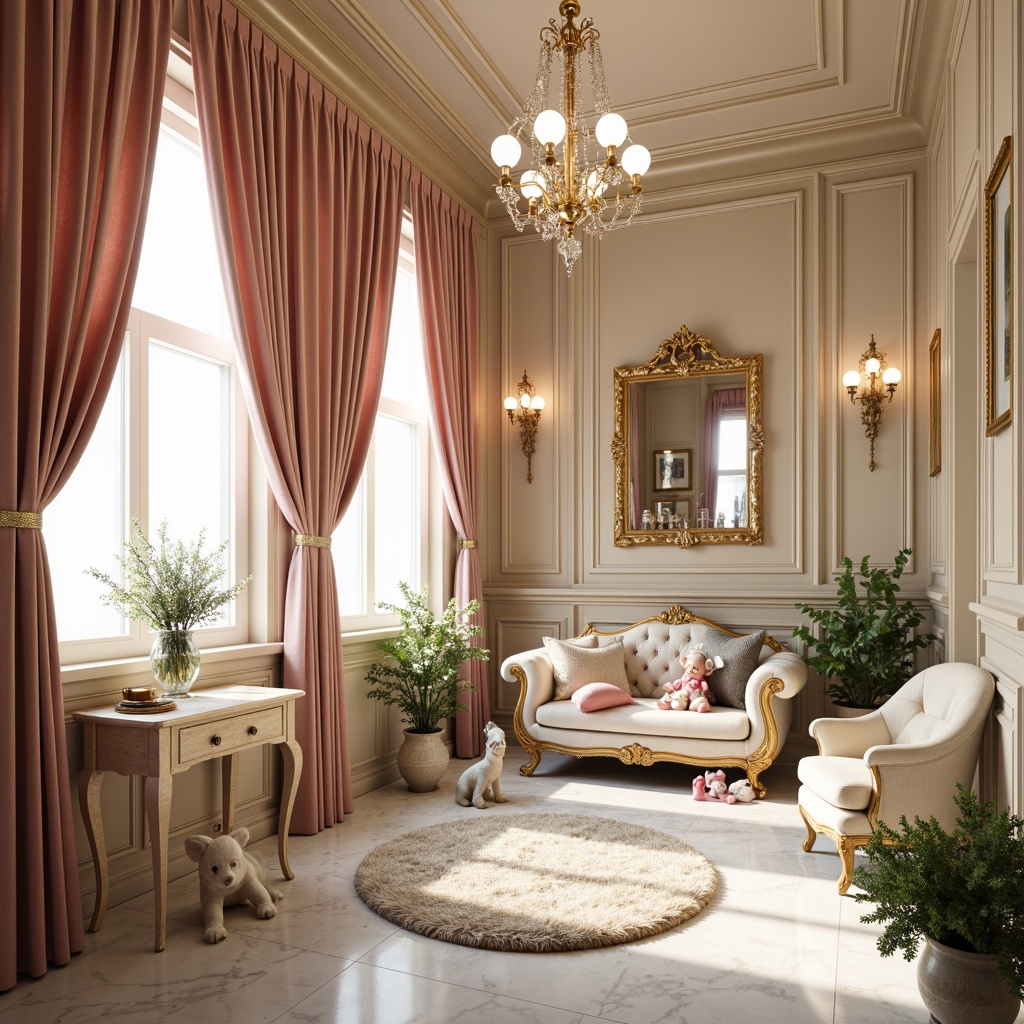 Prompt: Whimsical children's bedroom, ornate golden frames, delicate porcelain vases, soft pink velvet drapes, intricately carved wooden furniture, creamy white marble floors, Rococo-inspired wallpaper patterns, playful cherub figurines, sparkling crystal chandeliers, lush green plants, fluffy area rugs, plush toys, warm beige walls, cozy reading nooks, gentle natural lighting, 1/1 composition, shallow depth of field, realistic textures, ambient occlusion.