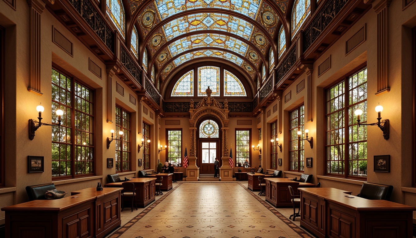 Prompt: Intricate stained glass ceilings, vibrant color palette, ornate patterns, Gothic Revival architecture, grandiose courthouse design, high-arched windows, majestic entranceways, marble flooring, intricate mosaics, ornamental railings, warm golden lighting, shallow depth of field, 1/1 composition, symmetrical framing, realistic textures, ambient occlusion.