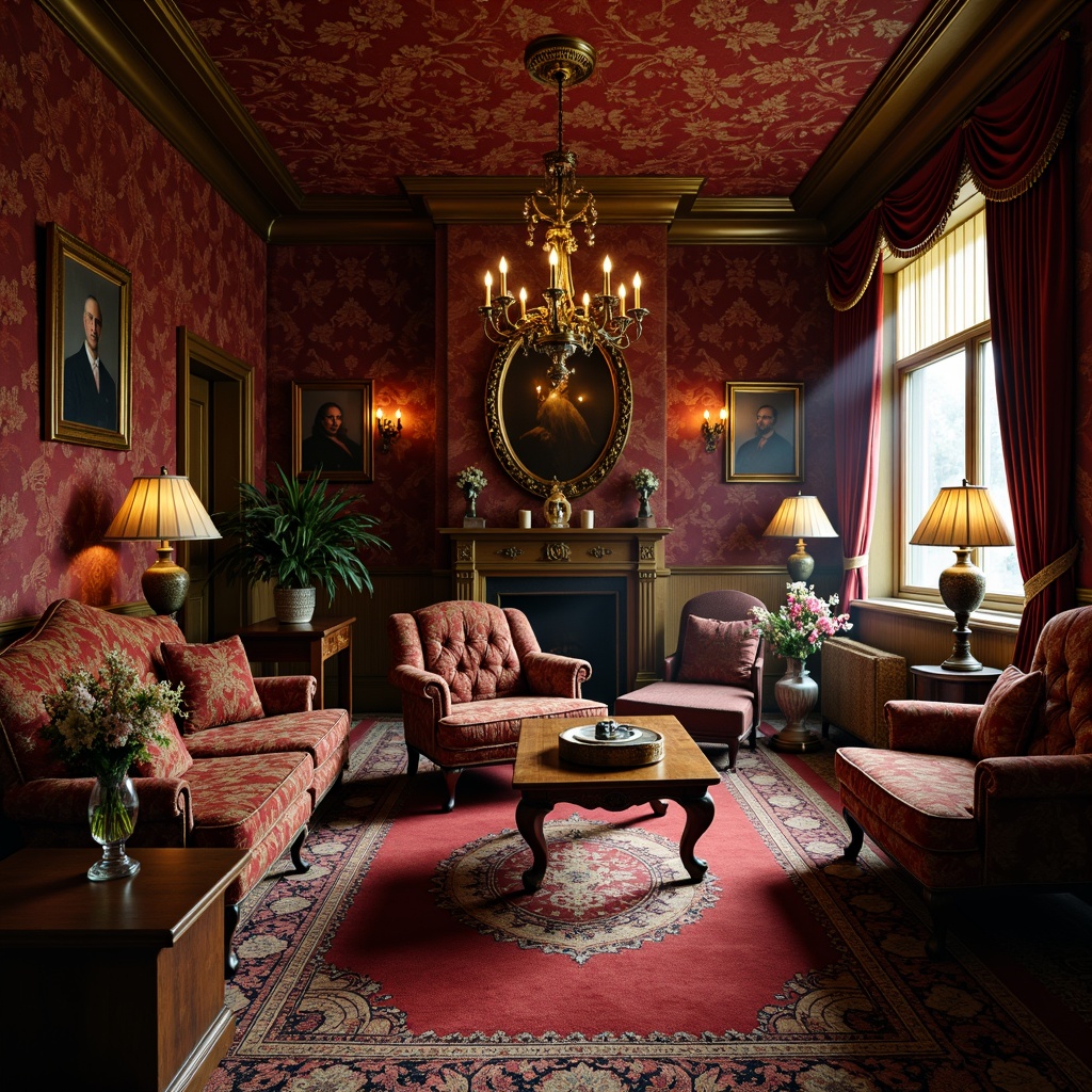 Prompt: Rich velvet fabrics, intricate floral patterns, ornate golden embroidery, luxurious silk drapes, plush carpeting, antique furniture pieces, ornamental wooden carvings, vintage decorative accents, opulent crystal chandeliers, warm candlelight, soft focus, shallow depth of field, 2/3 composition, intimate atmosphere, nostalgic ambiance.