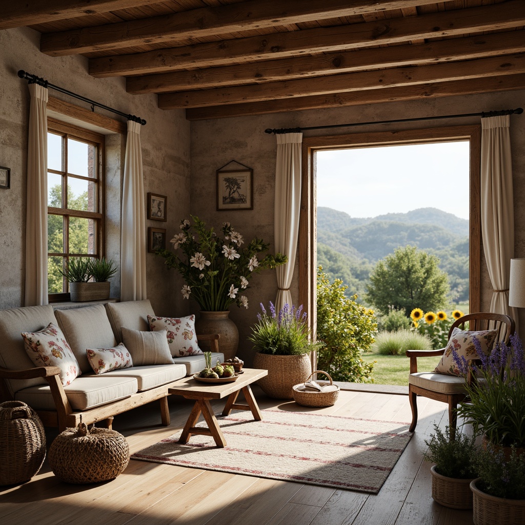 Prompt: Rustic French country cottage, distressed wooden beams, natural stone walls, soft warm lighting, vintage furniture, floral patterns, lace curtains, linen fabrics, woven baskets, earthy tones, muted colors, natural textures, countryside views, rolling hills, sunflower fields, lavender blooms, romantic ambiance, cozy atmosphere, 1/1 composition, shallow depth of field, realistic rendering.