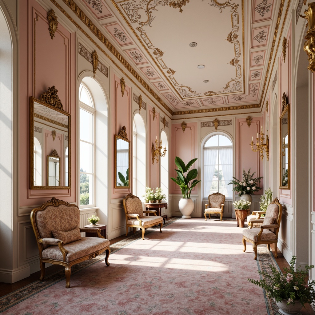 Prompt: Richly ornate interior, soft pastel hues, pale pink walls, creamy white trim, gilded accents, intricate carvings, ornamental mirrors, lavish furnishings, velvet fabrics, golden lighting fixtures, delicate florals, French provincial influences, Rococo patterns, whimsical decorative elements, airy spaciousness, natural light pouring in, warm inviting atmosphere, soft focus, shallow depth of field, 1/2 composition.