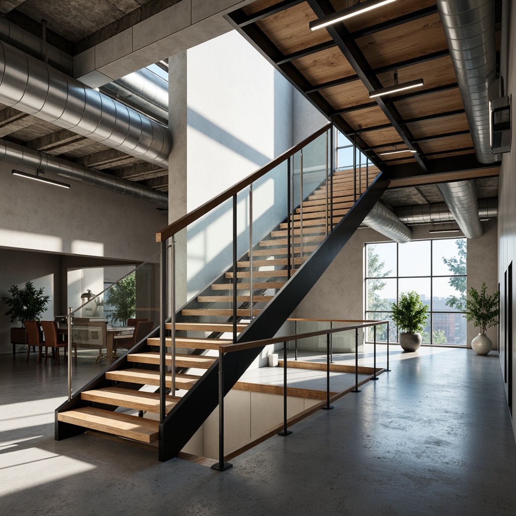 Prompt: Sleek modern staircase, minimalist handrail design, stainless steel tubing, glass balustrades, LED lighting accents, floating wood treads, cantilevered steps, open risers, industrial chic aesthetic, urban loft atmosphere, polished concrete floors, exposed ductwork, natural light pouring in, dramatic vertical space, 1/1 composition, softbox lighting, realistic metal textures, subtle ambient occlusion.