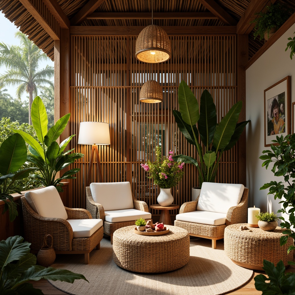 Prompt: Tropical interior, warm ambiance, natural materials, woven rattan furniture, plush greenery, exotic flowers, wooden accents, bamboo textures, soft pastel colors, creamy whites, warm beige tones, floor lamps, table lamps, pendant lights, cozy corner lighting, warm glow, ambient illumination, 1/2 composition, shallow depth of field, realistic rendering, soft focus, atmospheric perspective.