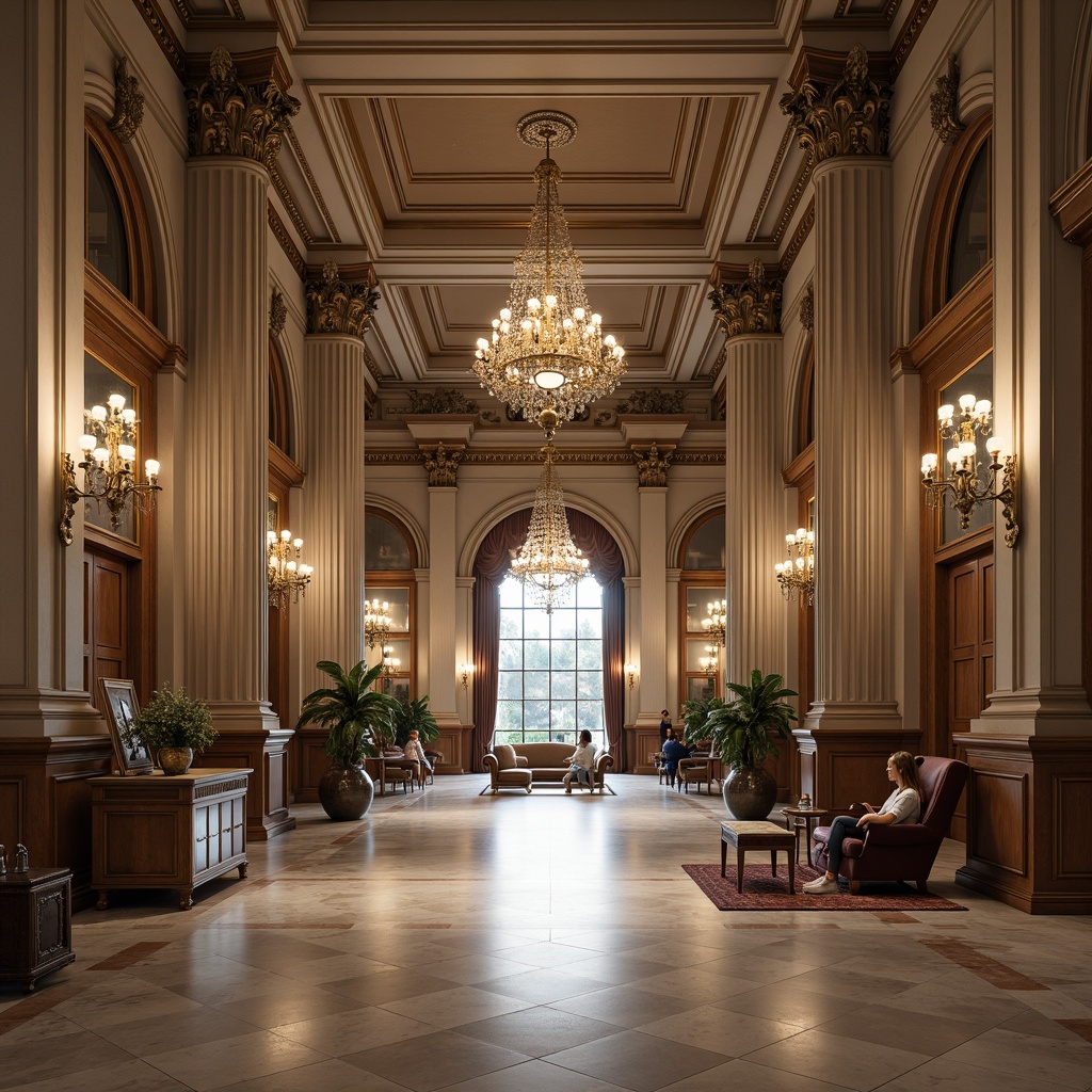 Prompt: Elegant banking hall, imposing columns, ornate capitals, polished marble floors, rich wood paneling, intricate moldings, stately chandeliers, luxurious furnishings, neutral color palette, subtle patterns, refined textures, symmetrical composition, harmonious proportions, warm ambient lighting, shallow depth of field, 2/3 composition, realistic reflections, detailed normal maps.