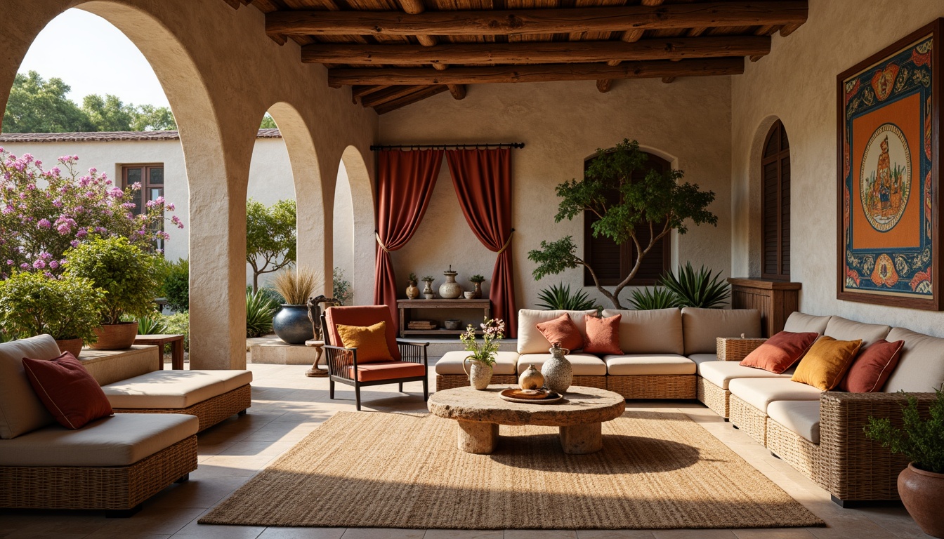 Prompt: Warm Mediterranean villa, rustic stone walls, distressed wooden accents, woven wicker furniture, plush velvet drapes, natural fiber rugs, terracotta pottery, ornate metalwork, colorful ceramics, vintage tapestries, aged leather upholstery, rich wood tones, earthy color palette, sun-kissed stucco exterior, blooming bougainvillea, fragrant citrus trees, soft warm lighting, shallow depth of field, 2/3 composition, realistic textures, ambient occlusion.