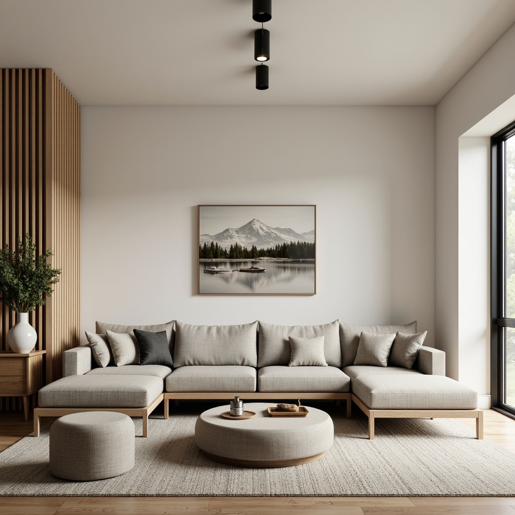 Prompt: Simple living room, minimalist furniture, low-profile sofas, sleek coffee tables, monochromatic color scheme, natural wood accents, subtle textures, soft warm lighting, 1/1 composition, shallow depth of field, realistic renderings, ambient occlusion, functional decor, clutter-free space, geometric shapes, industrial-chic fixtures, Scandinavian-inspired design, calm atmosphere, cozy ambiance.