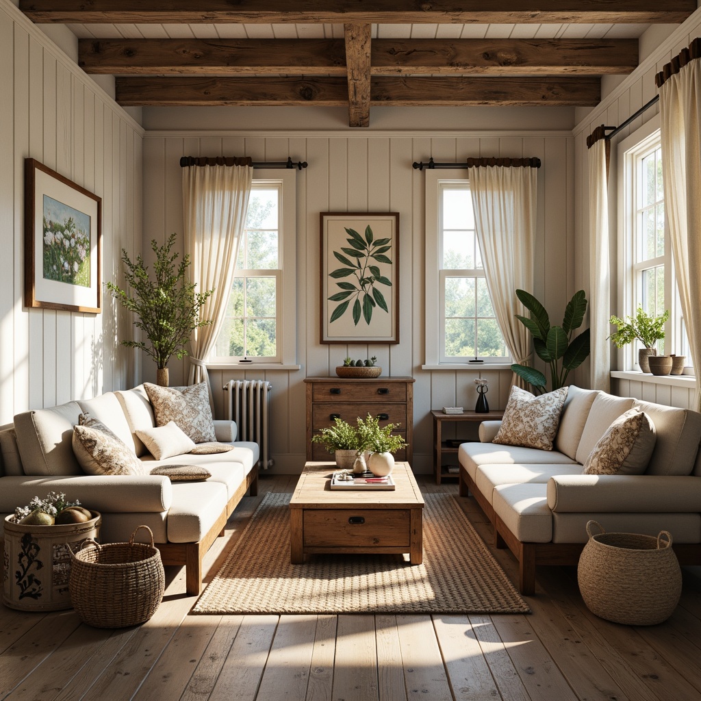 Prompt: Rustic farmhouse, vintage decor, earthy tones, weathered wood accents, distressed finishes, soft pastels, creamy whites, warm beiges, natural textiles, woven baskets, antique furniture pieces, botanical prints, floral patterns, shiplap walls, exposed beams, wooden floors, cozy nooks, warm candlelight, soft shadows, 1/1 composition, intimate atmosphere, realistic textures.