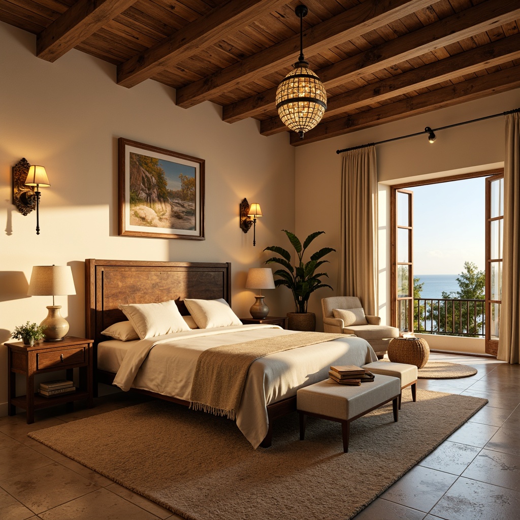 Prompt: Warm Mediterranean style bedroom, soft golden lighting, warm beige walls, rustic wooden furniture, ornate metal accents, elegant chandeliers, table lamps with linen shades, floor lamps with natural linen shades, warm white LED lights, recessed ceiling lights, track lighting, ambient lighting, cozy reading nook, plush area rug, natural stone flooring, soft ocean breeze, warm sunny day, shallow depth of field, 3/4 composition, realistic textures, ambient occlusion.