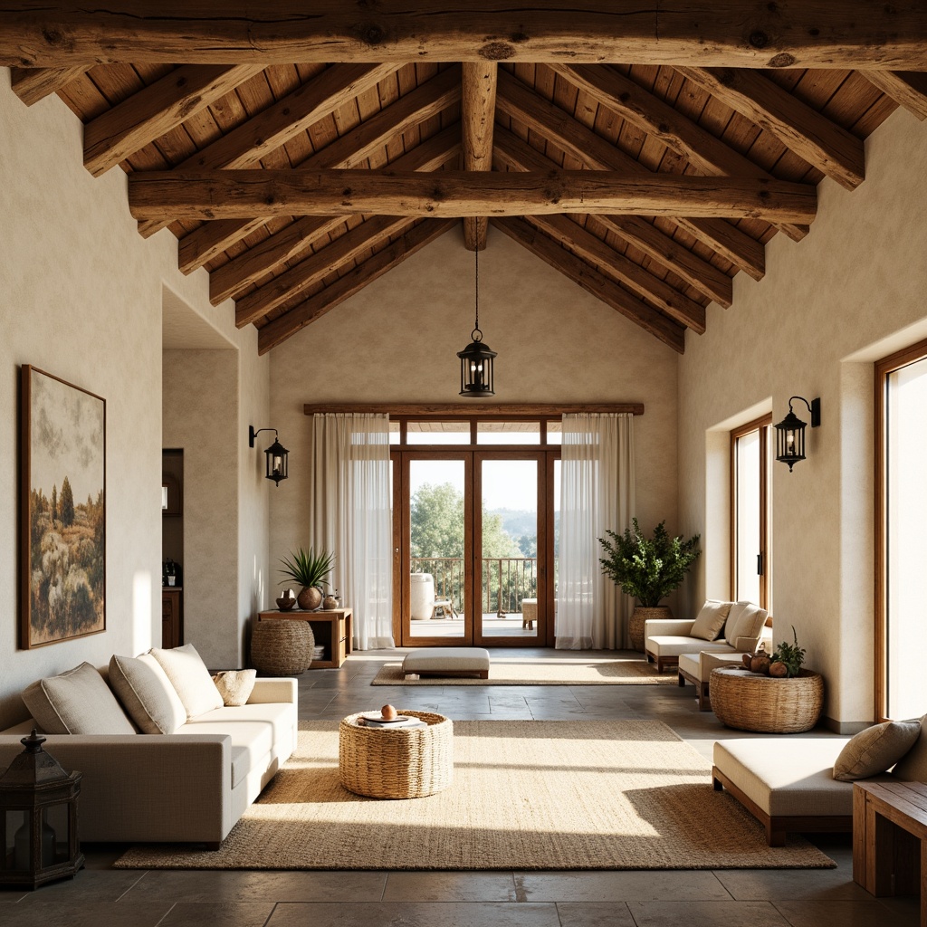 Prompt: Rustic farmhouse interior, wooden beams, exposed brick walls, cream-colored stucco, vintage metal lanterns, distressed wood furniture, soft warm lighting, large windows, sliding glass doors, sheer white curtains, natural stone flooring, woven jute rugs, potted greenery, country-style decor, cozy nooks, reading areas, warm beige color palette, sunny day, shallow depth of field, 3/4 composition, realistic textures, ambient occlusion.