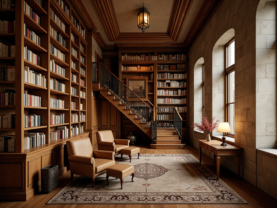 Prompt: Cozy bookshelves, rich wood textures, vintage leather armchairs, warm lamp lighting, comfortable reading nooks, rustic wooden floors, earthy color palette, classic literature displays, ornate metal railings, soft cushioned seating areas, floor-to-ceiling bookcases, elegant staircase designs, inviting window seats, natural stone walls, warm beige tones, intimate atmosphere, shallow depth of field, 2/3 composition, realistic renderings, ambient occlusion.