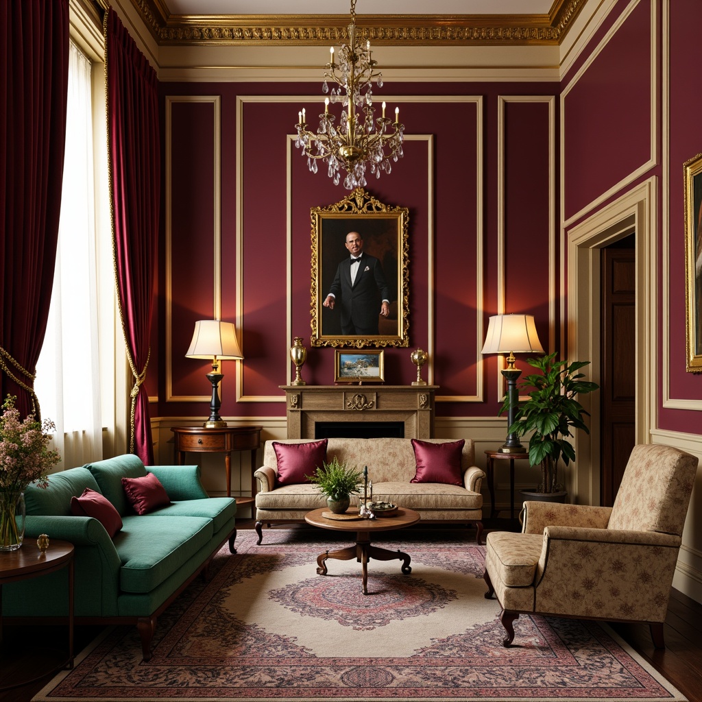 Prompt: Rich velvet drapes, ornate golden frames, lavish ruby red walls, soft cream accents, warm beige furniture, intricate patterned rugs, opulent emerald green upholstery, distressed leather armchairs, antique wooden panels, luxurious satin fabrics, heavy crimson curtains, vintage bronze fixtures, ornamental crystal chandeliers, subtle lavender hues, rich walnut wood tones, classic oil paintings, dramatic coved ceilings, soft warm lighting, high contrast ratio, 1/2 composition, shallow depth of field.