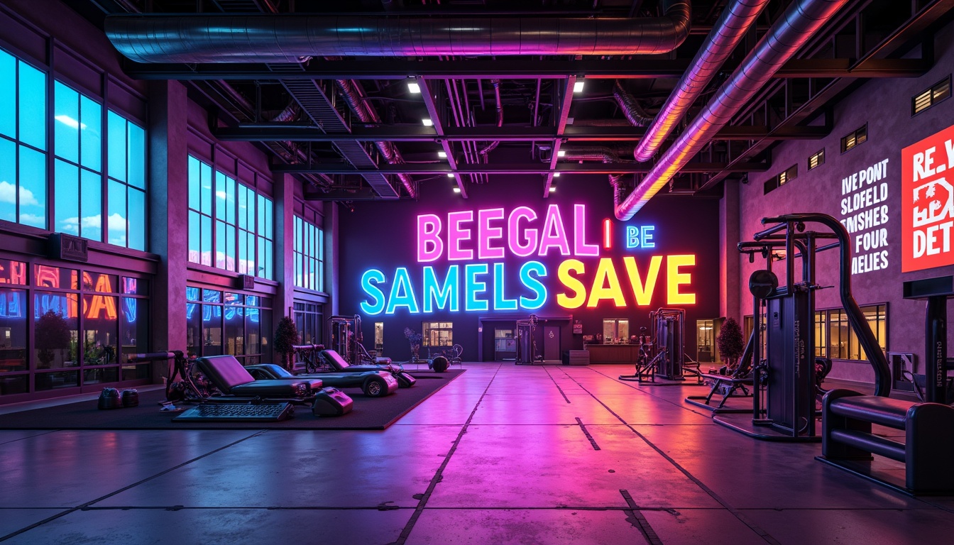 Prompt: Vibrant athletic facility, bold dynamic colors, energetic neon hues, motivational quotes, modern industrial architecture, exposed ductwork, polished concrete floors, sleek metal beams, high-intensity lighting, dramatic shadows, 3/4 composition, shallow depth of field, realistic textures, ambient occlusion.