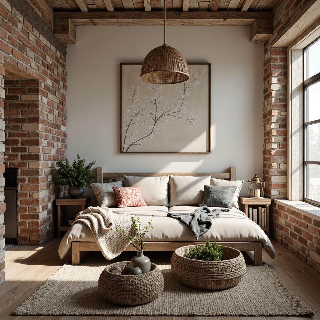 Prompt: Rustic farmhouse, vintage decor, earthy tones, natural materials, reclaimed wood accents, exposed brick walls, soft warm lighting, creamy whites, weathered woods, muted blues, earthy reds, distressed finishes, cozy textiles, plush throw blankets, woven baskets, natural fibers, organic shapes, simple elegance, warm inviting atmosphere, relaxed rustic charm.