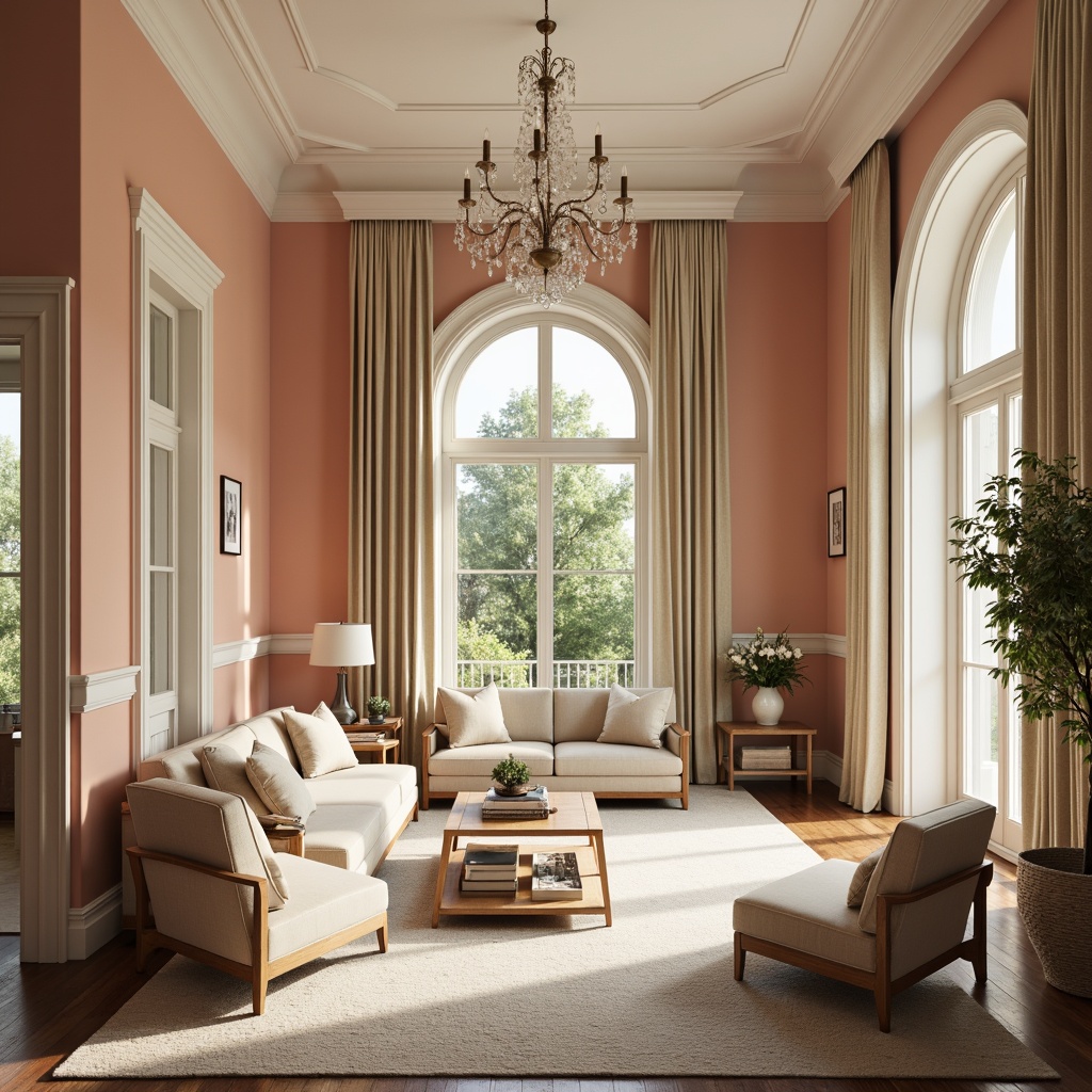 Prompt: Soft peach walls, creamy white trim, warm beige furniture, plush area rugs, natural wood accents, elegant crystal chandeliers, comfortable reading nooks, floor-to-ceiling drapes, calming greenery, soft morning light, gentle shadows, 1/1 composition, intimate atmosphere, realistic textures, subtle ambient occlusion.