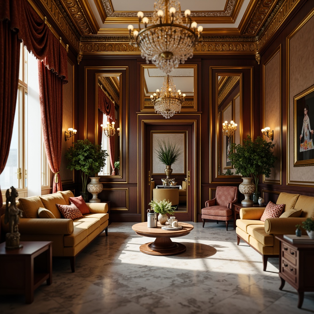 Prompt: Luxurious living room, ornate moldings, intricate carvings, gilded frames, velvet drapes, crystal chandeliers, marble floors, rich wood paneling, regal furniture, golden accents, soft warm lighting, shallow depth of field, 1/1 composition, realistic textures, ambient occlusion.