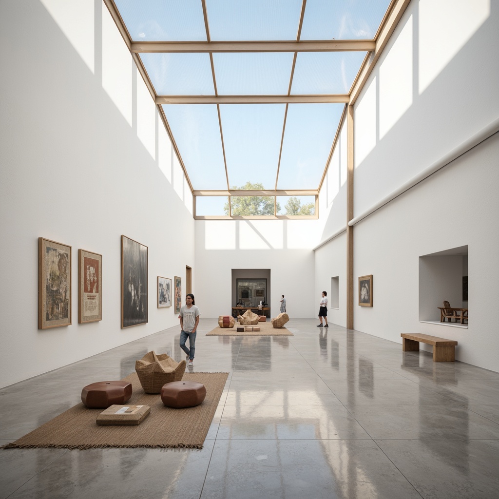 Prompt: Minimalist exhibition hall, high ceilings, clerestory windows, skylights, transparent roof, reflective flooring, white walls, sparse furniture, geometric sculptures, abstract art pieces, natural textiles, earthy tones, diffused soft lighting, 1/1 composition, shallow depth of field, panoramic view, realistic textures, ambient occlusion.