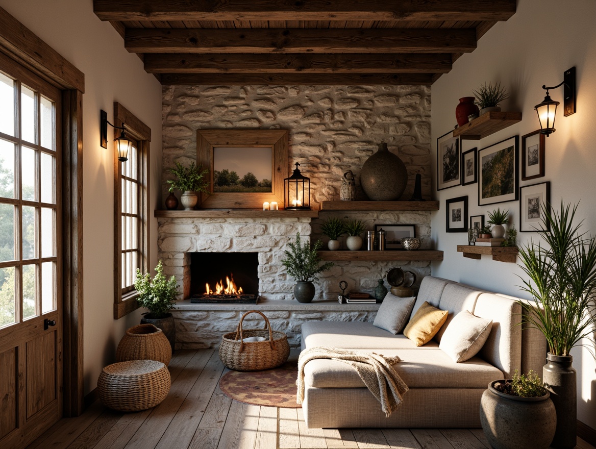 Prompt: Rustic farmhouse, vintage decor, distressed wood accents, metal lanterns, natural stone walls, earthy color palette, wooden beams, exposed brick, country-inspired furniture, plush throw blankets, woven baskets, potted plants, soft warm lighting, shallow depth of field, 1/1 composition, realistic textures, ambient occlusion.