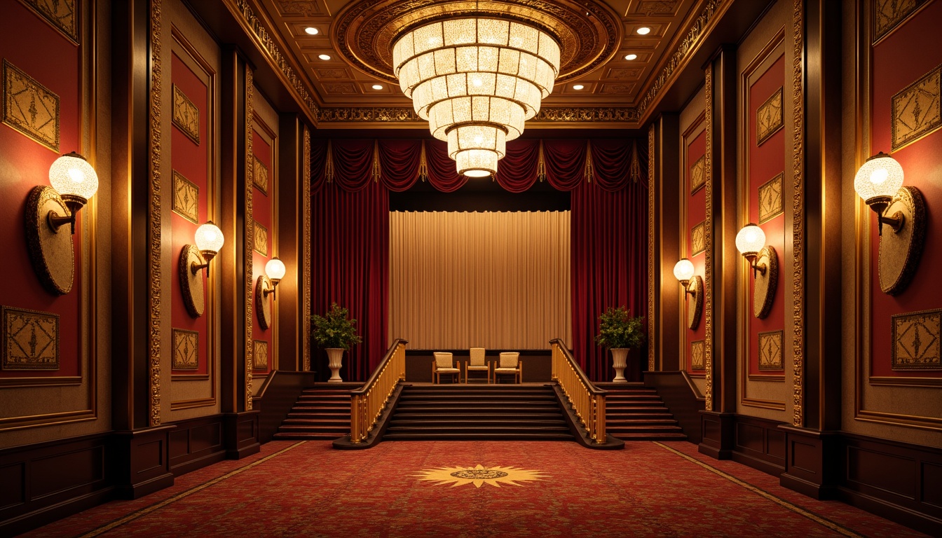 Prompt: Opulent art deco theater, ornate chandeliers, lavish sconces, grand staircase, luxurious velvet curtains, richly patterned carpets, metallic accents, geometric motifs, sunburst designs, glamorous spotlights, warm golden lighting, soft focus, shallow depth of field, 1/2 composition, dramatic shadows, high-contrast ratios, realistic reflections, ambient occlusion.