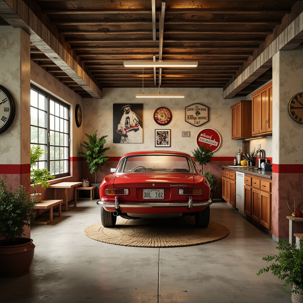 Prompt: Industrial garage interior, rustic metal accents, distressed wooden textures, vintage automotive decorations, concrete flooring, neutral beige walls, bold red accents, metallic silver tones, warm yellow lighting, soft focus, shallow depth of field, 1/1 composition, realistic render, ambient occlusion.