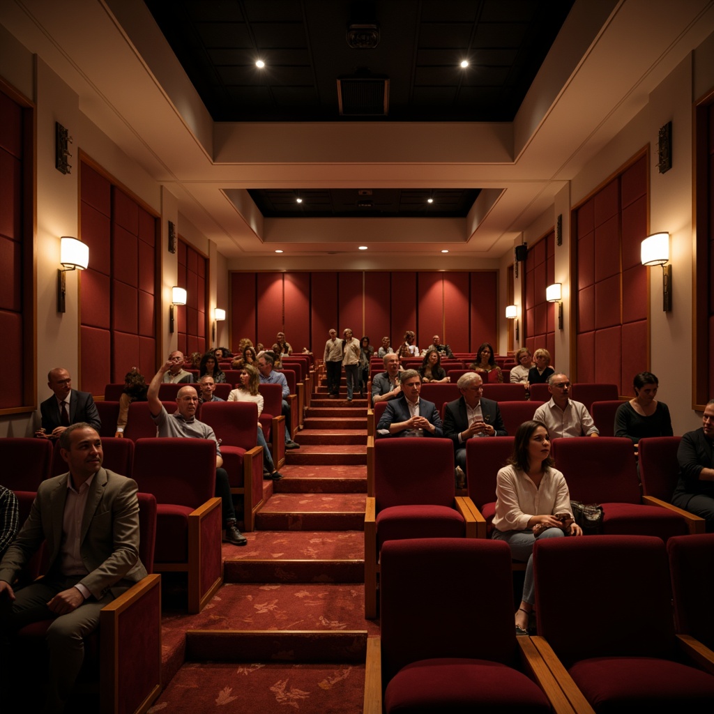 Prompt: Cozy auditorium, tiered seating, plush velvet chairs, wooden armrests, soft cushioning, gentle curve layout, optimal viewing angles, unobstructed sightlines, intimate atmosphere, warm color scheme, subtle lighting, 3/4 composition, realistic textures, ambient occlusion, vibrant audience, excited chatter, anticipatory ambiance, cinematic experience.