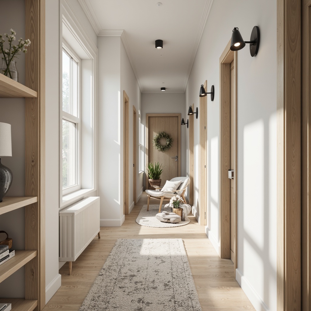 Prompt: Light-filled Scandinavian hallway, creamy whites, soft grays, warm beiges, natural wood tones, minimalist decor, sleek lines, Nordic-inspired patterns, cozy textiles, plush rugs, modern pendant lamps, airy atmosphere, abundant natural light, subtle shadows, 1/2 composition, softbox lighting, realistic textures, ambient occlusion.