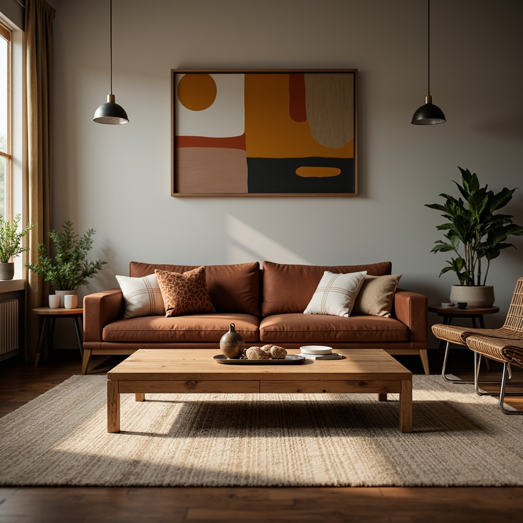 Prompt: Mid-century modern living room, sleek wooden coffee table, plush velvet sofa, minimalist metal armchairs, natural fiber rug, industrial-style pendant lamps, abstract artwork, geometric-patterned throw pillows, earthy color palette, warm ambient lighting, shallow depth of field, 2/3 composition, realistic textures, soft focus effect.