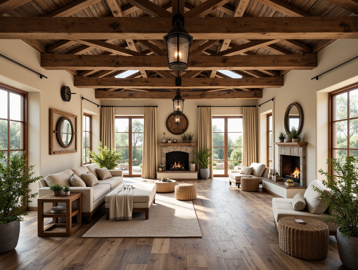 Prompt: Rustic farmhouse interior, exposed wooden beams, vintage metal lanterns, distressed wood flooring, cream-colored walls, large windows, sliding glass doors, natural stone fireplaces, plush throw blankets, woven baskets, greenery-filled planters, warm beige curtains, soft warm lighting, shallow depth of field, 1/1 composition, realistic textures, ambient occlusion.