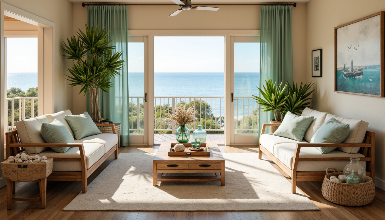 Prompt: \Soothing coastal living room, calming ocean views, warm sandy beige walls, driftwood furniture, seafoam green accents, coral-inspired decorative accessories, natural linen fabrics, distressed wood flooring, nautical rope details, soft blue-green glass vases, shells and pebbles decorations, ocean breeze atmosphere, bright sunny day, soft warm lighting, shallow depth of field, 3/4 composition, realistic textures, ambient occlusion.\