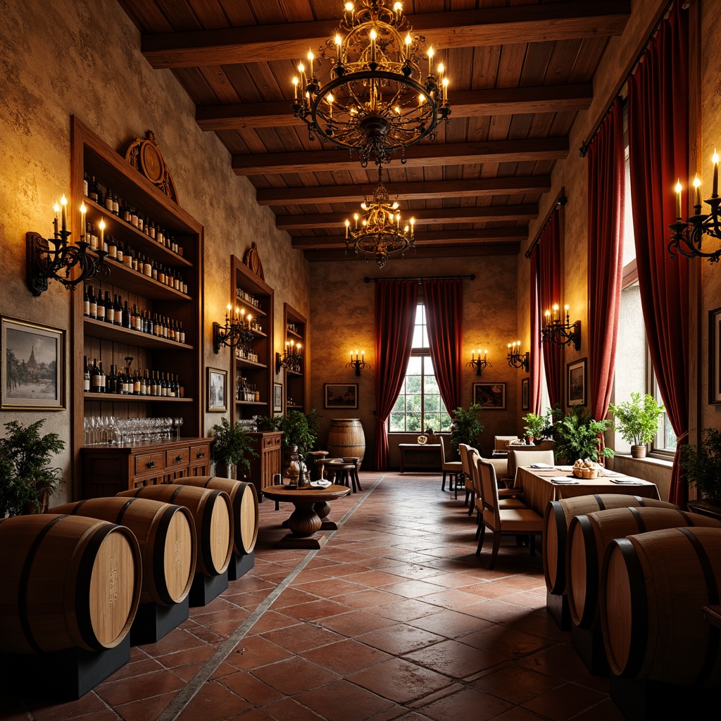 Prompt: Luxurious winery interior, rustic wooden barrels, ornate metal chandeliers, rich velvet drapes, distressed stone walls, vintage wine-making equipment, elegant crystal glassware, earthy terracotta flooring, warm candlelight, soft golden lighting, 1/1 composition, intimate atmosphere, realistic textures, ambient occlusion, Renaissance-inspired carvings, opulent furnishings, lavish decor.