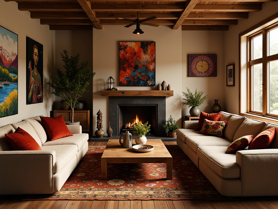 Prompt: Cozy family room, plush couches, soft velvet pillows, warm earthy tones, abstract expressionist artwork, vibrant colorful textiles, bold geometric patterns, eclectic decorative accents, wooden floorboards, rustic coffee tables, natural stone fireplace, ambient warm lighting, shallow depth of field, 1/1 composition, realistic textures, atmospheric rendering.