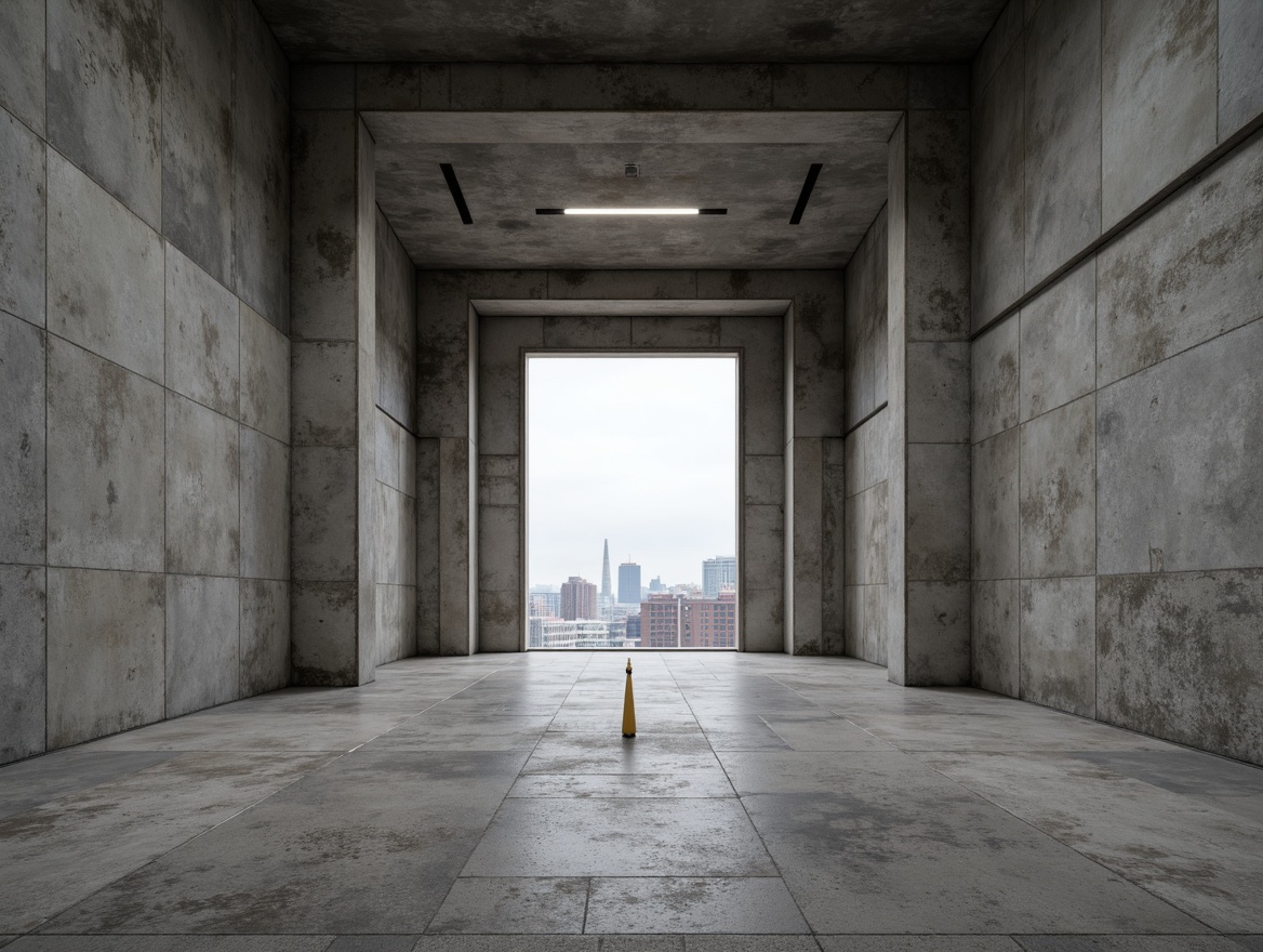 Prompt: Raw exposed concrete walls, brutalist architecture style, industrial aesthetic, rugged textures, poured-in-place concrete floors, dramatic high ceilings, angular lines, minimalist decoration, functional simplicity, harsh overhead lighting, dramatic shadows, monochromatic color scheme, urban cityscape background, overcast sky, diffused natural light, 1/1 composition, symmetrical framing, realistic material renderings.