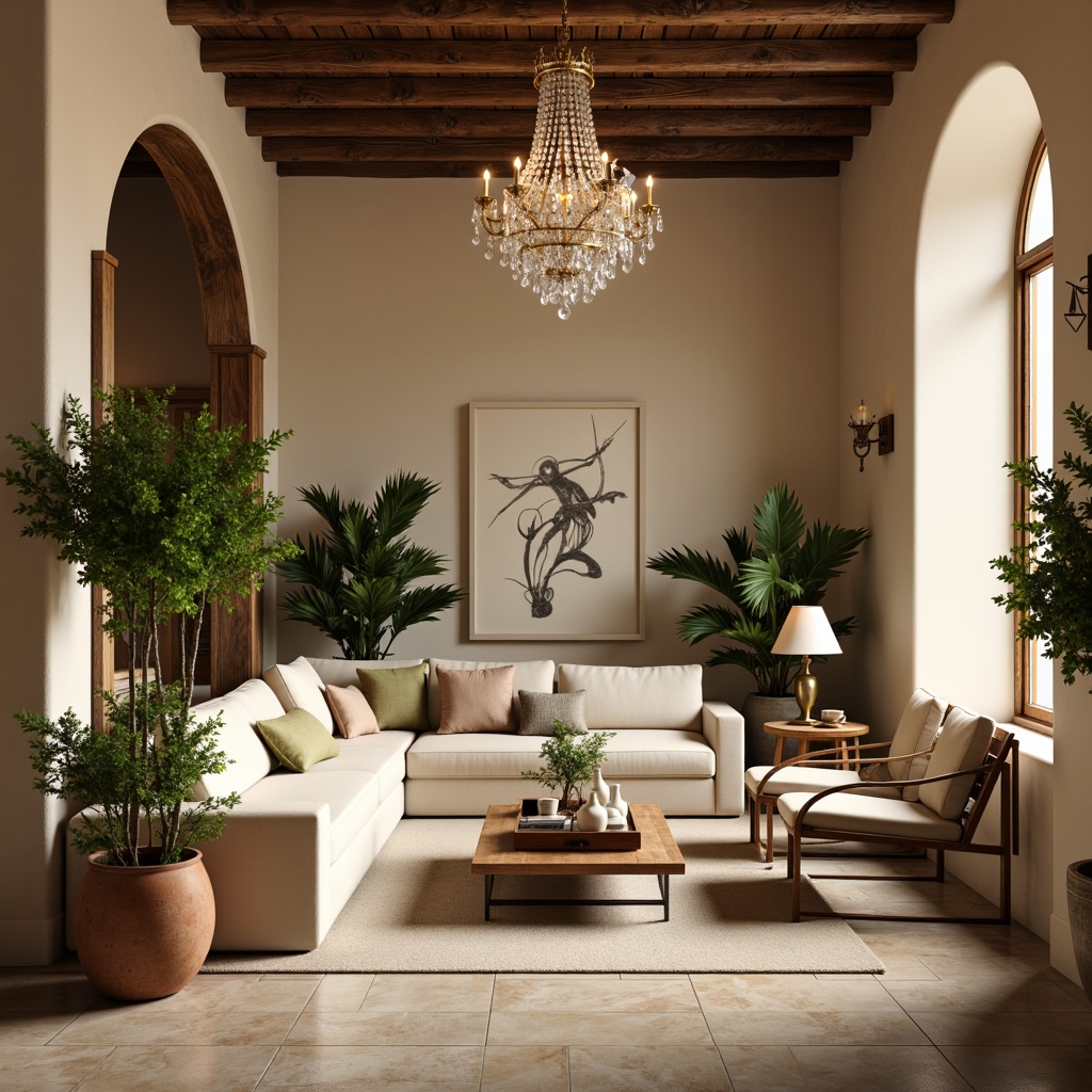 Prompt: Warm beige walls, rich walnut wood furniture, soft cream upholstery, elegant crystal chandeliers, subtle gold accents, vintage bronze decorative items, natural stone flooring, earthy terracotta planters, lush greenery, warm white lighting, shallow depth of field, 1/2 composition, realistic textures, ambient occlusion.