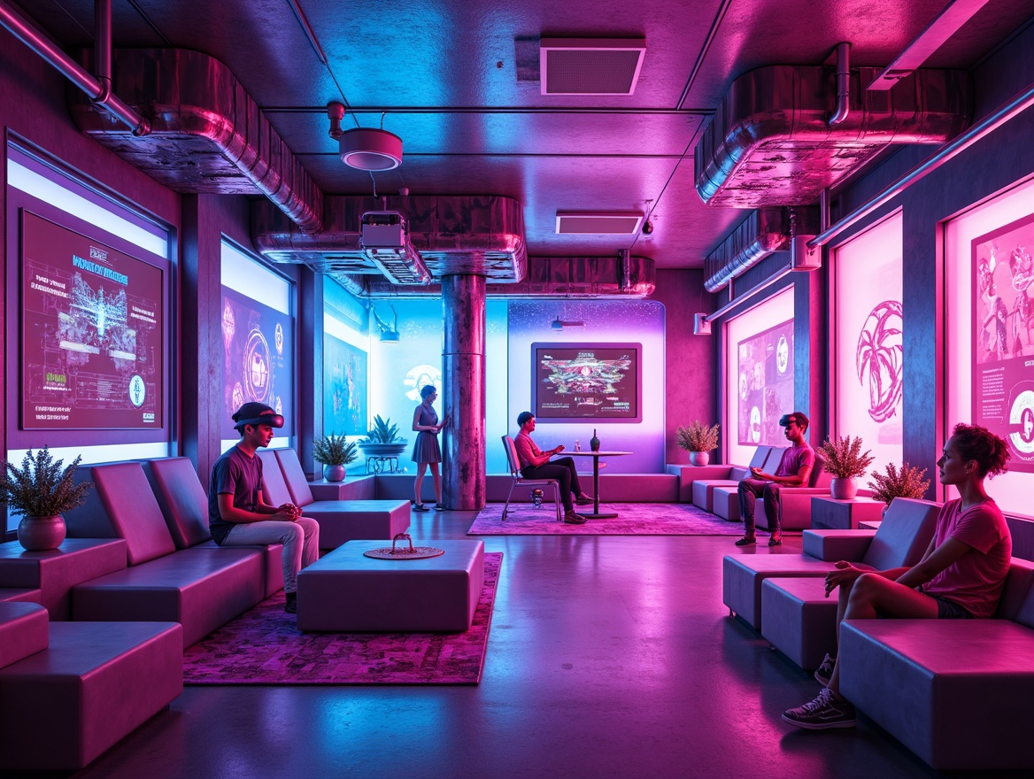 Prompt: Neon-lit futuristic interior, metallic accents, holographic displays, vibrant pink and blue hues, glowing LED lights, sleek minimalist furniture, geometric patterns, iridescent materials, 3D-printed decor, virtual reality headsets, ambient occlusion, shallow depth of field, 1/1 composition, realistic textures, softbox lighting, atmospheric fog effects.