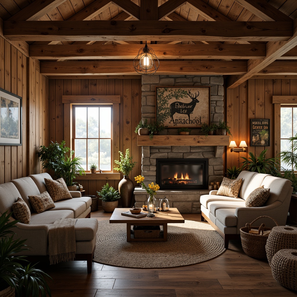 Prompt: Rustic wooden accents, vintage signs, earthy tone walls, cozy throw blankets, woven baskets, nature-inspired artwork, distressed furniture, lantern-style lighting, natural fiber rugs, wooden ceiling beams, country-themed decor, soft warm glow, shallow depth of field, 1/1 composition, intimate atmosphere, realistic textures, ambient occlusion.