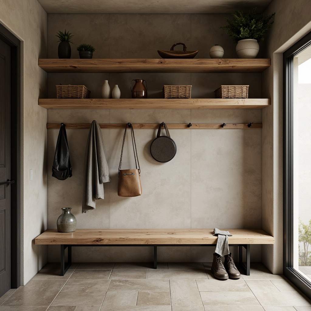 Prompt: Minimalist mudroom, industrial-style bench, rustic metal hooks, natural wood shelves, woven baskets, simple ceramic vases, monochromatic color scheme, soft warm lighting, shallow depth of field, 3/4 composition, realistic textures, ambient occlusion, concrete floors, earthy tone walls, modern minimalist decor, functional storage units, matte black metal frames, clean lines, simple shapes.