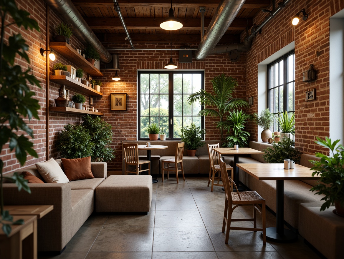 Prompt: Cozy coffee shop, exposed brick walls, reclaimed wood accents, rustic metal fixtures, industrial-style lighting, comfortable plush seating, natural stone floors, earthy tone color scheme, lush greenery, wooden tables, woven wicker chairs, vintage decorative items, distressed textures, warm ambient lighting, shallow depth of field, 1/2 composition, soft focus, realistic rendering.