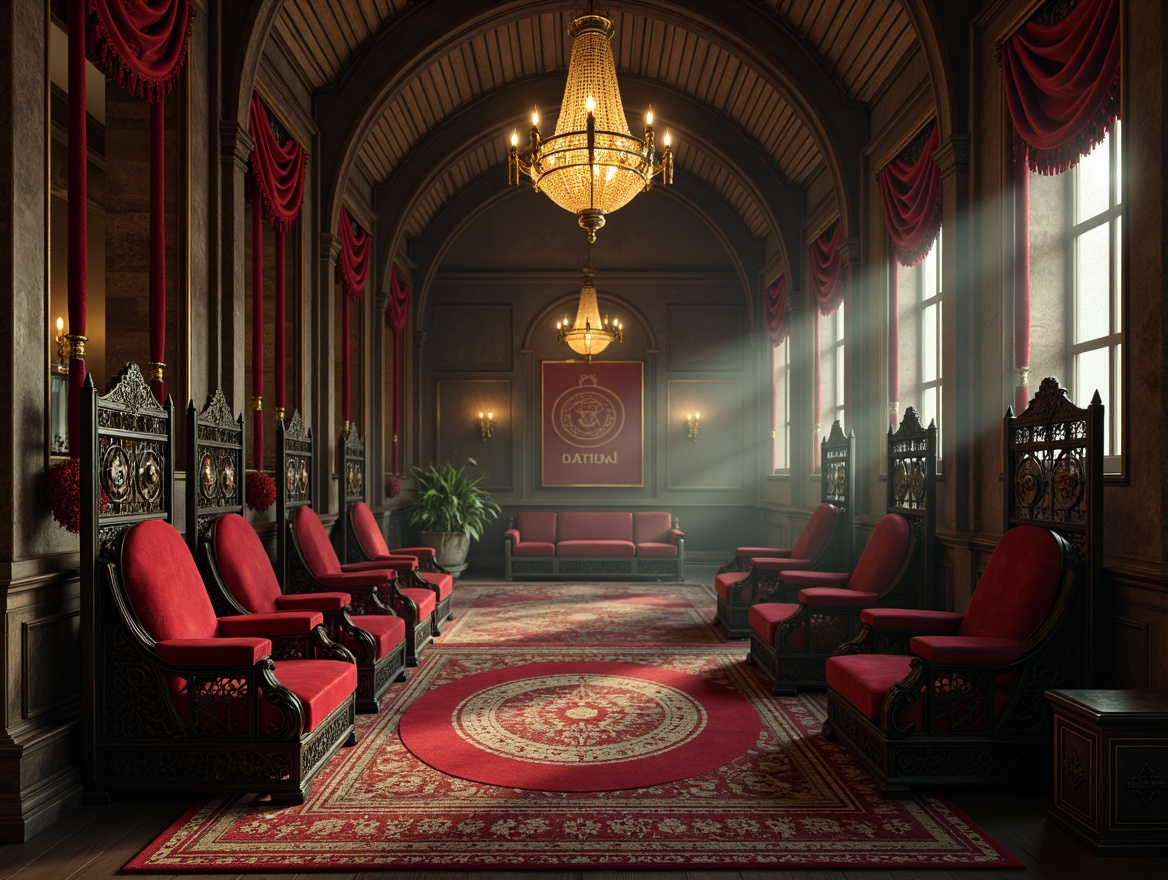 Prompt: Ornate wooden chairs, intricately carved legs, dark stained wood, velvet upholstery, mystical symbols, pointed arches, ribbed vaults, grandiose chandeliers, mysterious ambiance, dim warm lighting, foggy atmosphere, old English mansions, luxurious materials, regal color palette, golden accents, crimson red fabrics, heavy drapery, ornate metalwork, ancient ruins inspiration, mysterious crypt-like spaces, sacred geometry patterns.