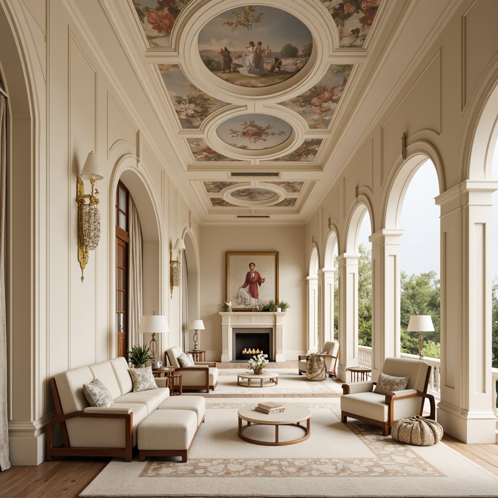 Prompt: Soft creamy walls, gentle curves, ornate moldings, classic pilasters, subtle archways, warm beige tones, delicate frescoes, tender florals, luxurious fabrics, plush carpets, intricate ceiling designs, crystal chandeliers, elegant wall sconces, refined furniture silhouettes, subtle texture contrasts, muted color palette, calming atmosphere, warm soft lighting, 1/2 composition, intimate framing.